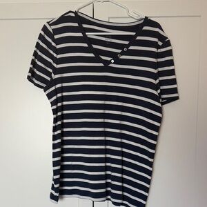 Chico's Black and White Striped V-Neck Tee